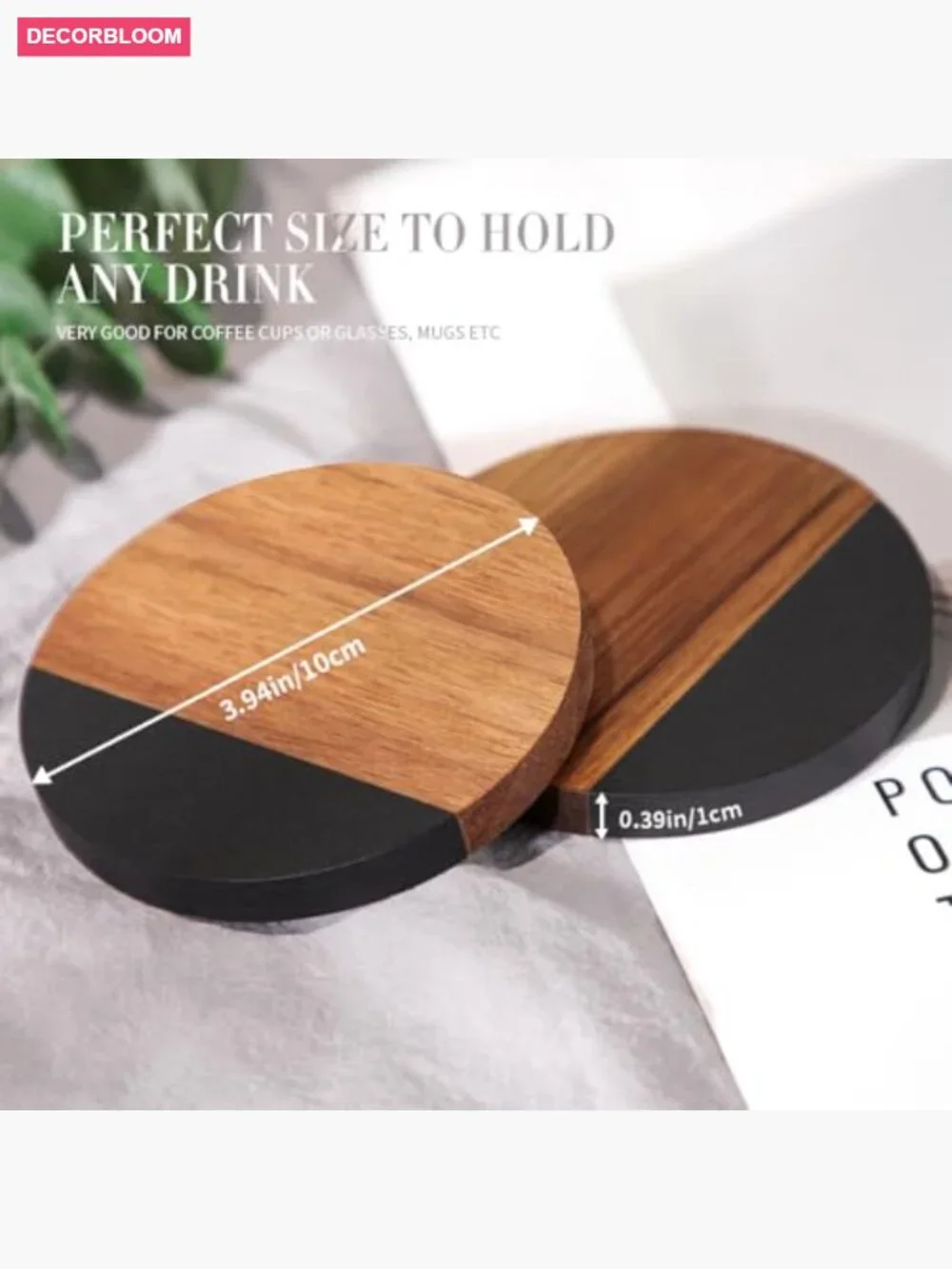 Set of 4 Acacia Wood Drink Coasters with Iron Holder